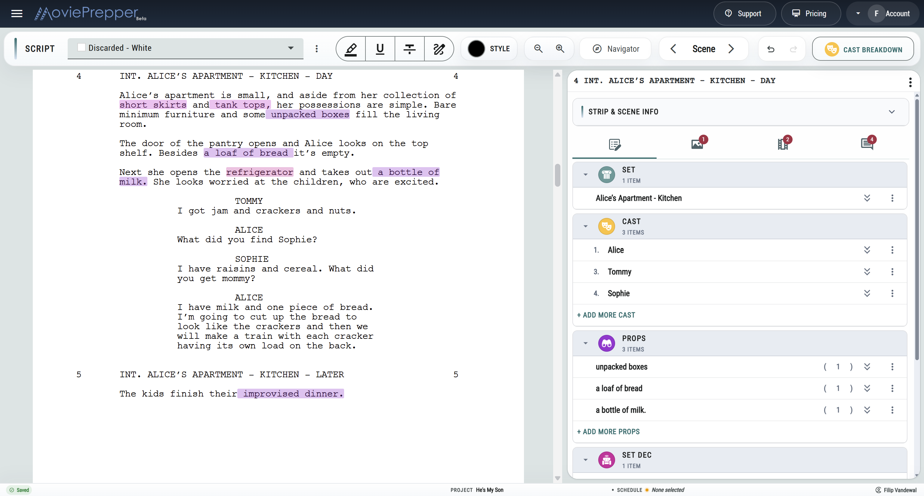 MoviePrepper script breakdown preview showing detected cast, sets, and scene elements