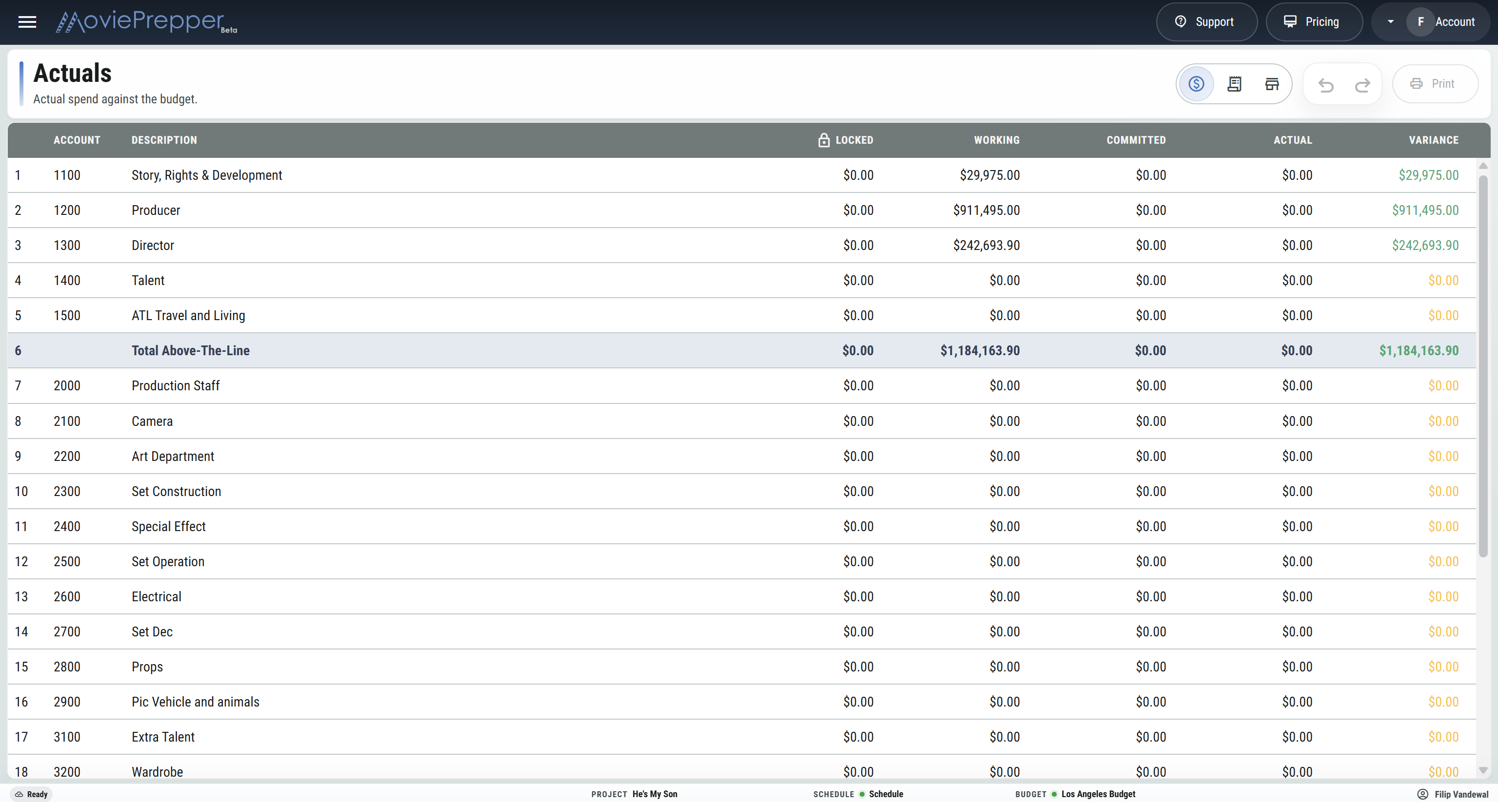 MoviePrepper production actuals screen showing a production actuals preview