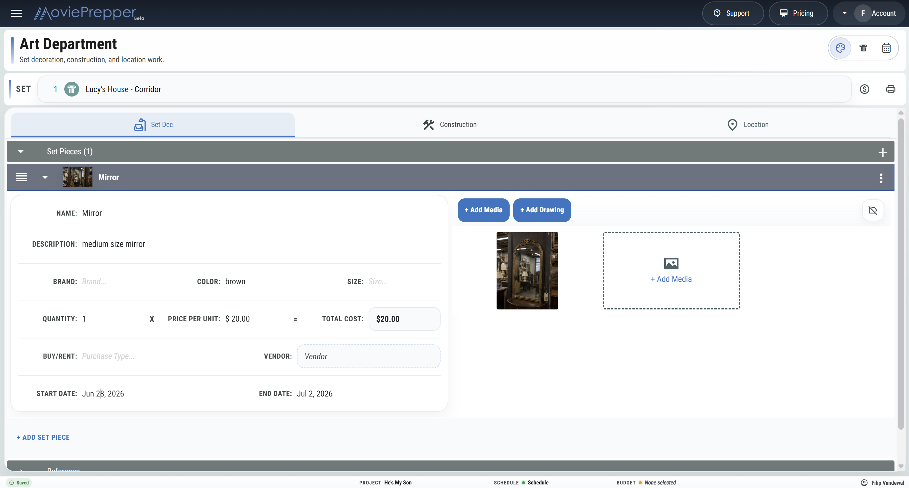 MoviePrepper art department screen showing a art department preview