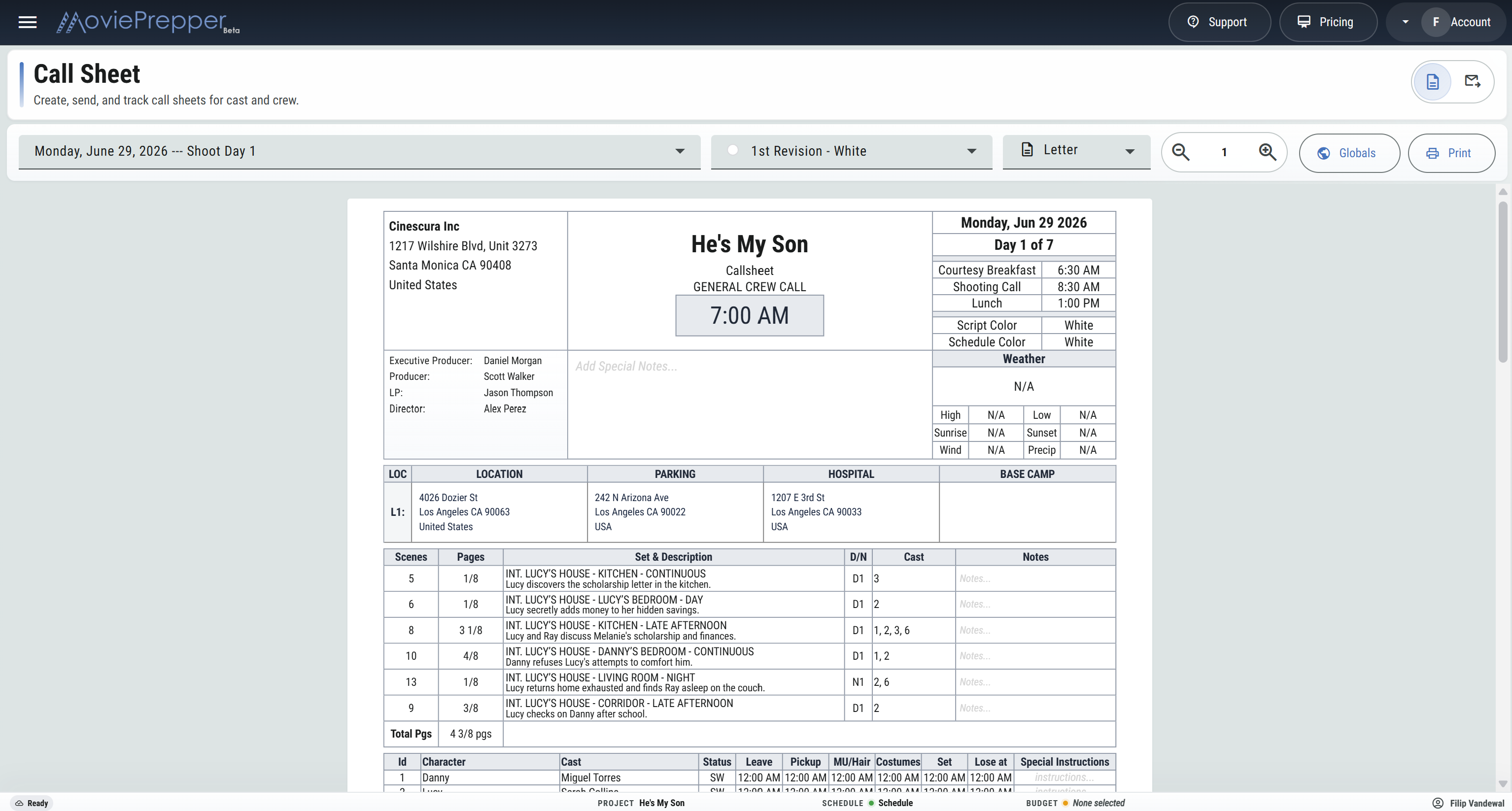 MoviePrepper call sheet screen showing a call sheet preview
