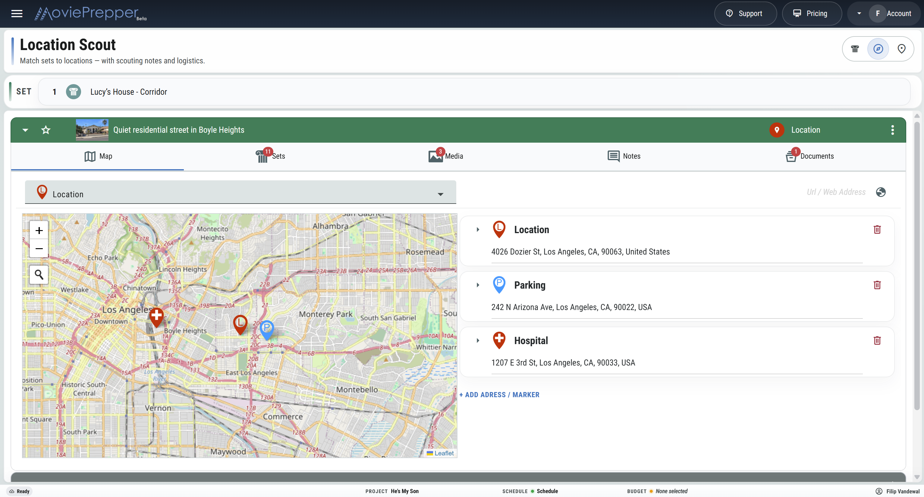 MoviePrepper location scout screen showing a location scout preview