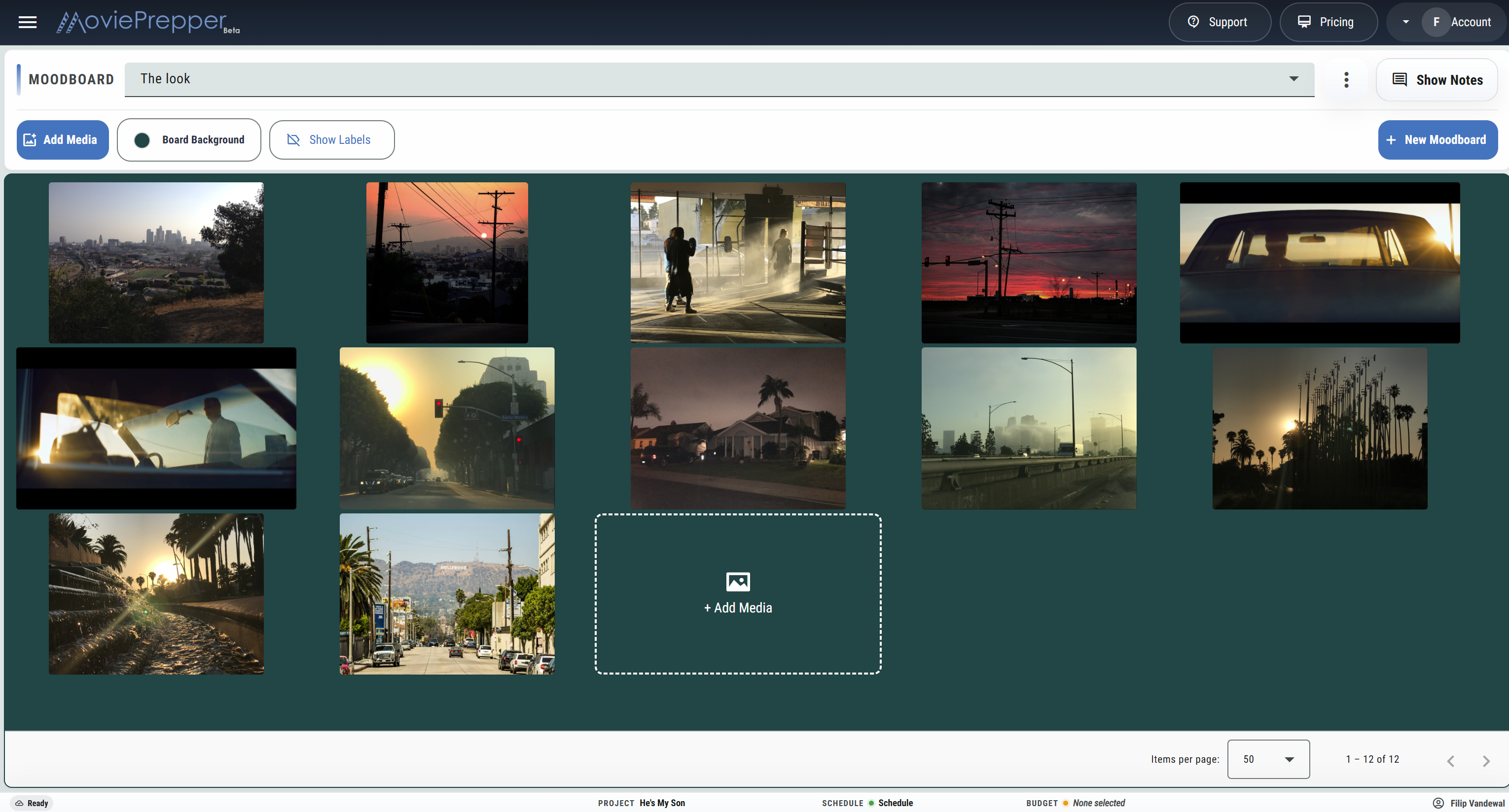 MoviePrepper moodboard screen showing a moodboard preview