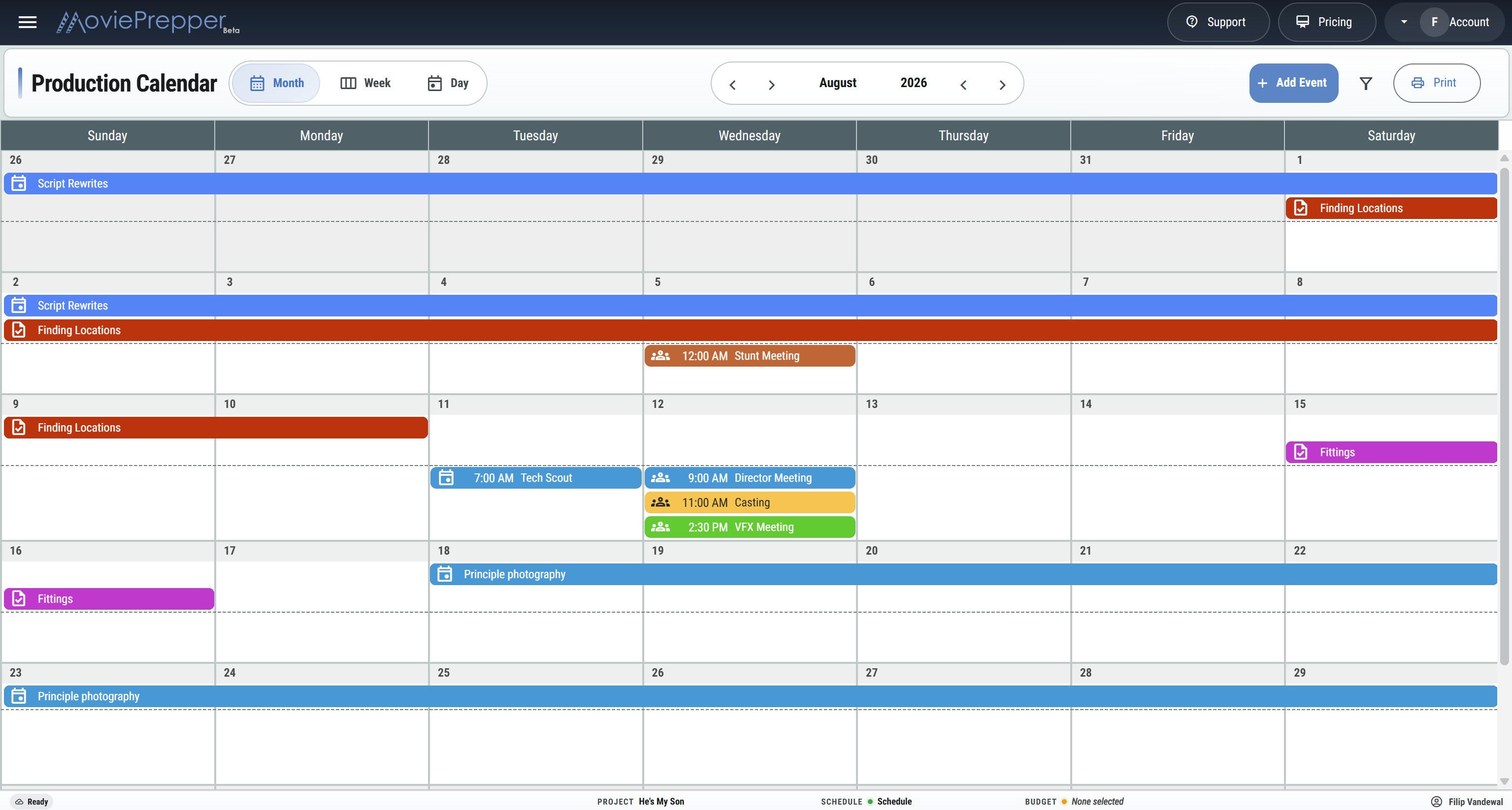 MoviePrepper production calendar screen showing a production calendar preview