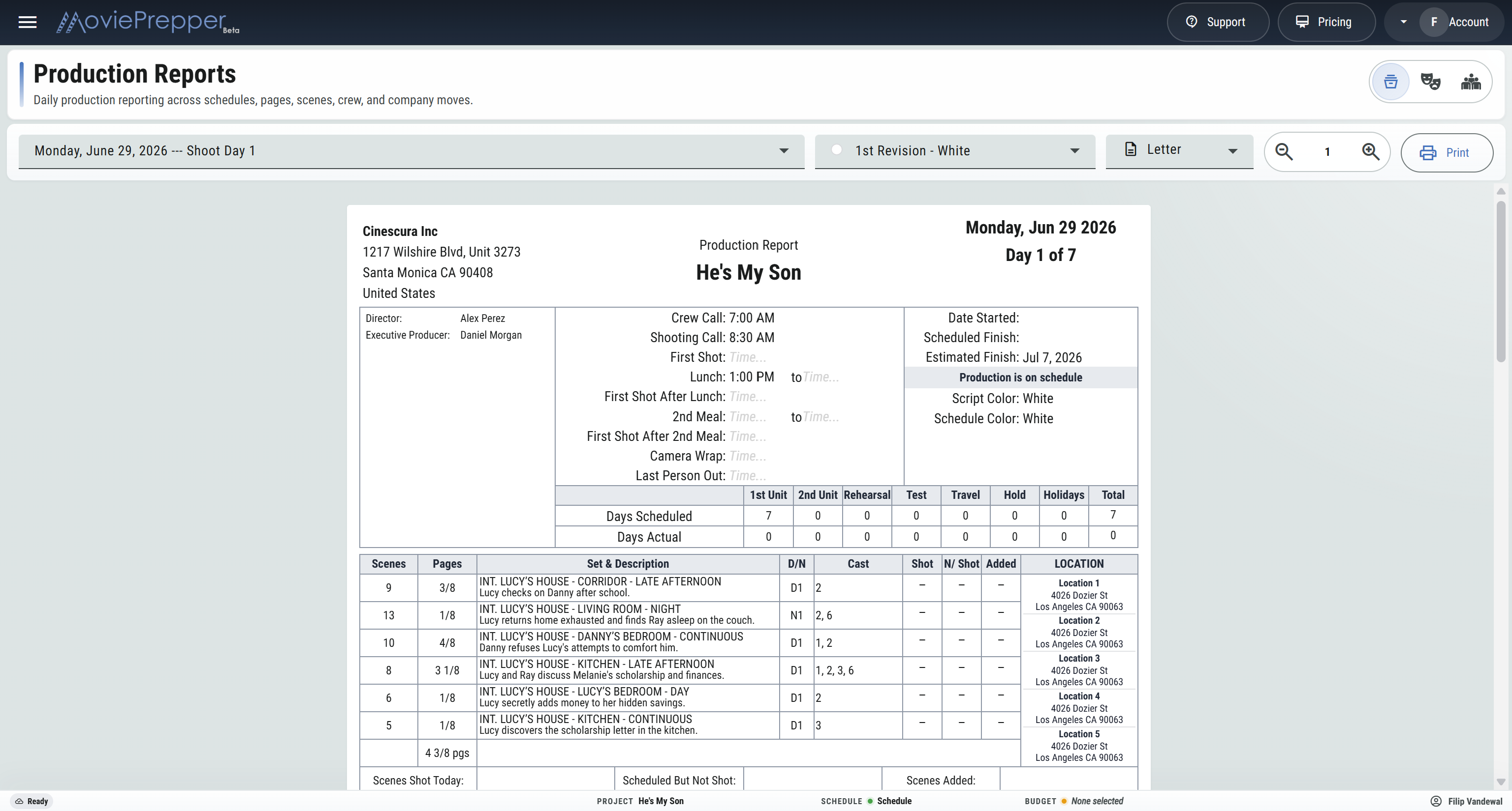 MoviePrepper production reports screen showing a production reports preview