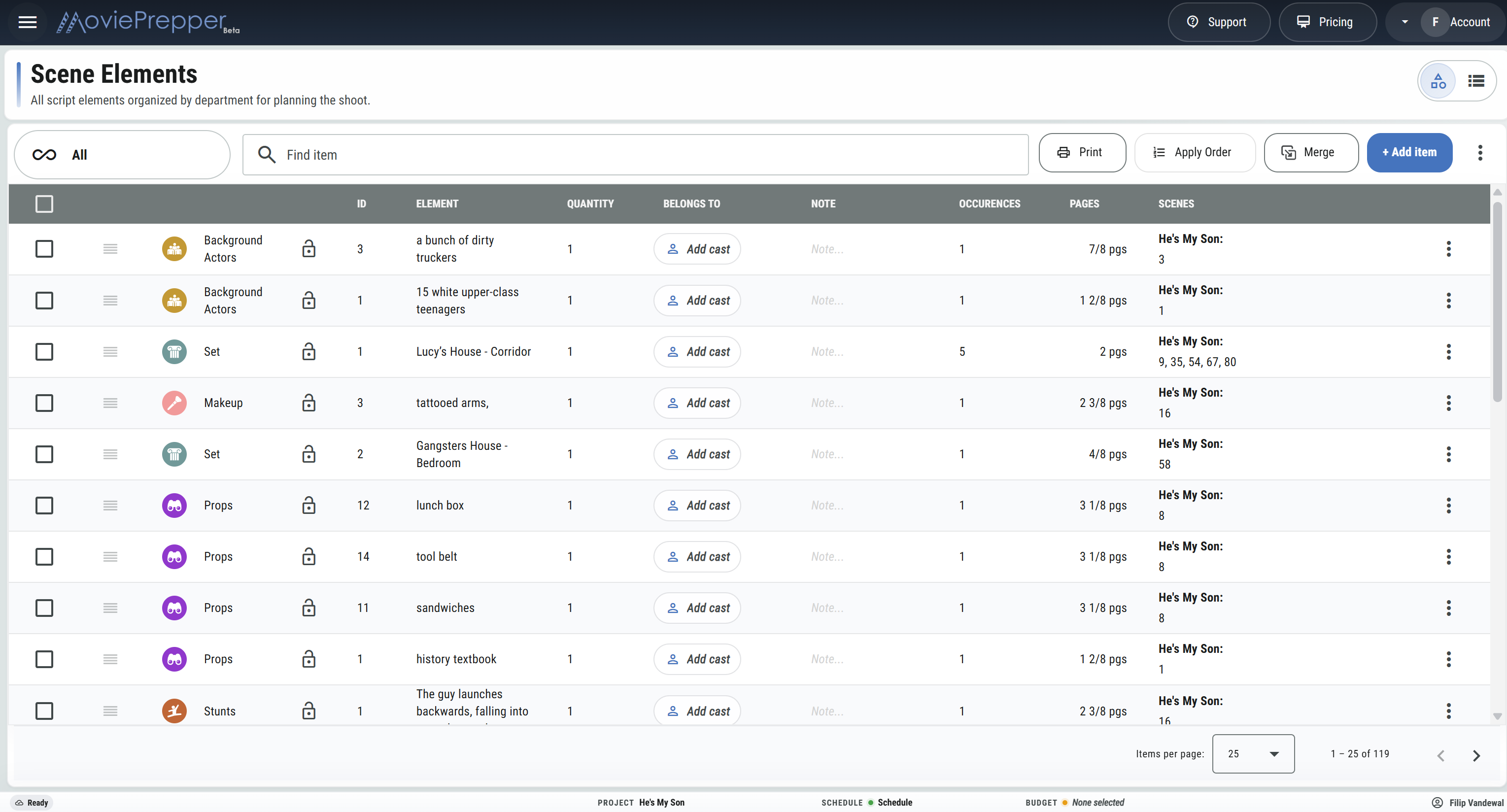 MoviePrepper scene elements screen showing a scene elements preview
