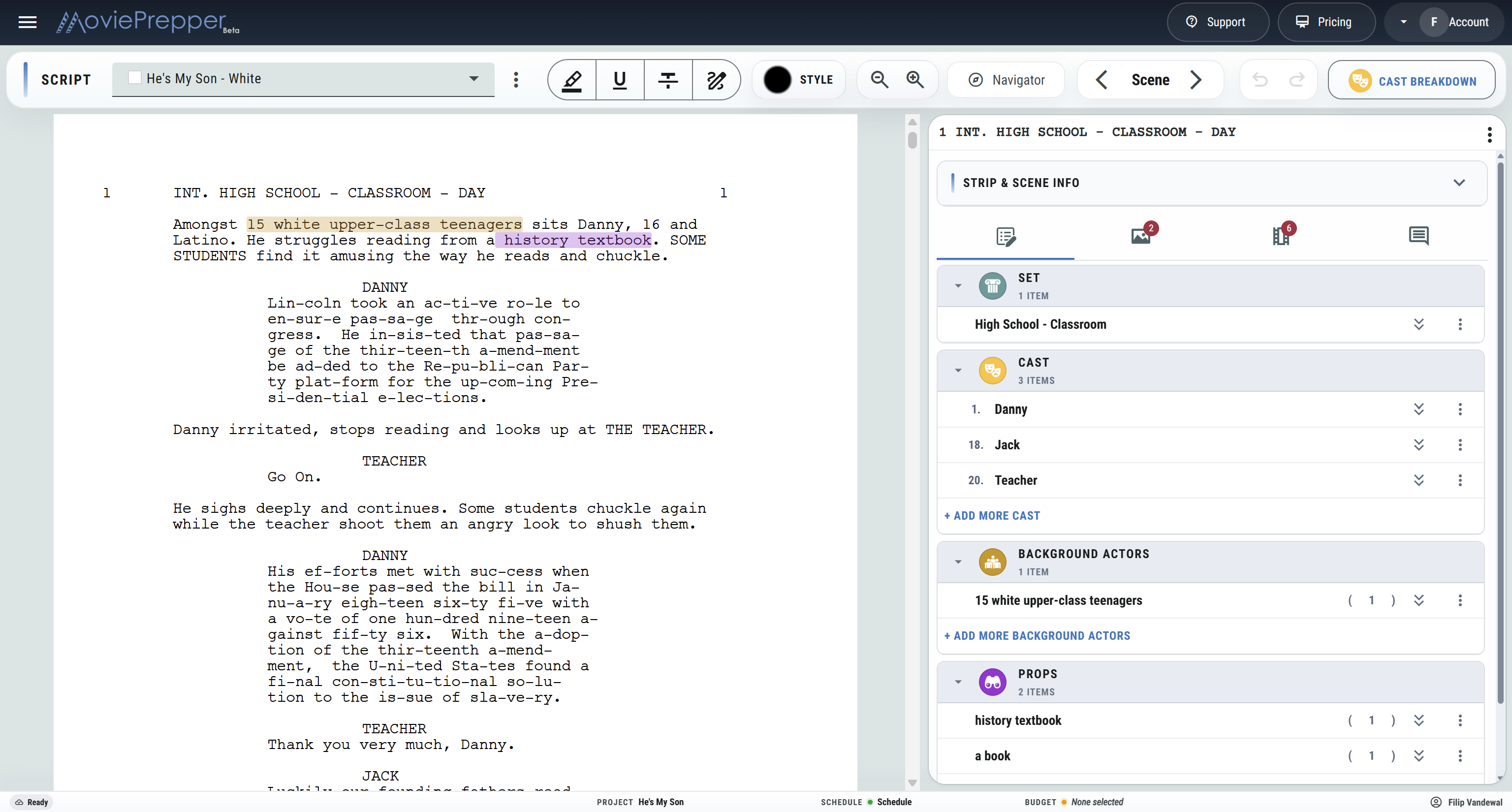 MoviePrepper Script breakdown screen showing a script breakdown preview