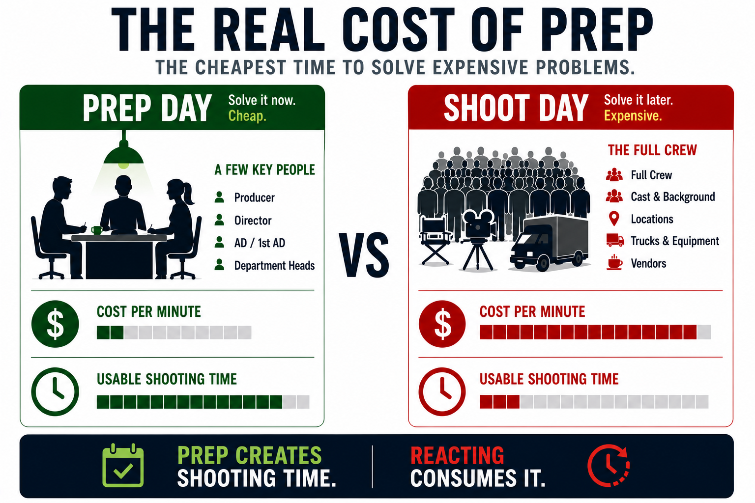 The real cost of prep. Prep day has a few key people, low cost per minute, and more usable shooting time. Shoot day has the full crew, high cost per minute, and less usable shooting time.