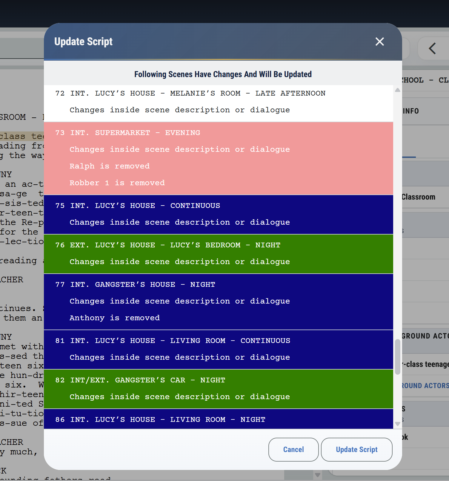 MoviePrepper Update Scenes screen for matching scenes between script revisions